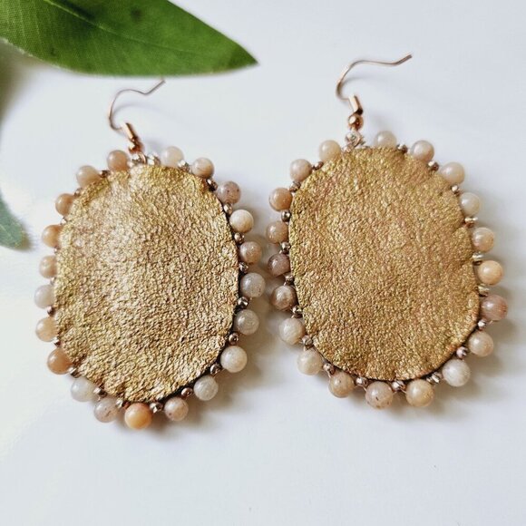 Rose Gold Beaded Turquoise Bohemian Shield Hoop Earrings | Handmade Jewelry - Picture 5 of 6